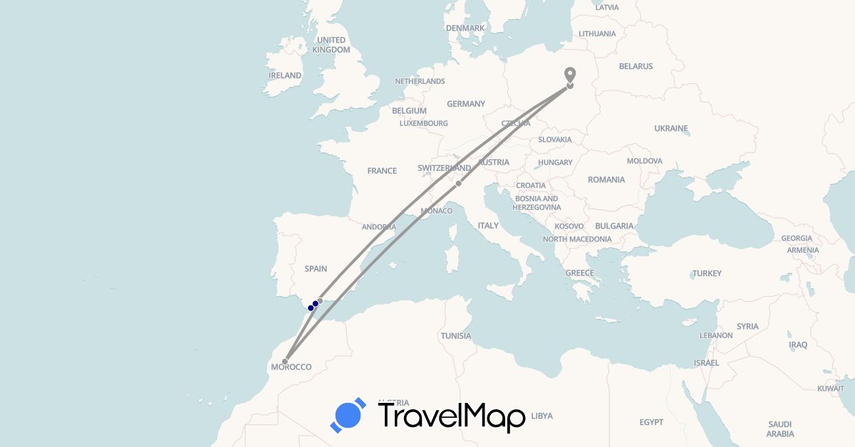 TravelMap itinerary: driving, plane in Spain, Gibraltar, Italy, Morocco, Poland (Africa, Europe)